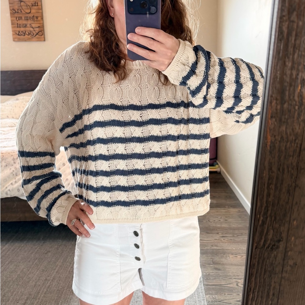 AE Striped Open Knit Sweater - Cream & Blue